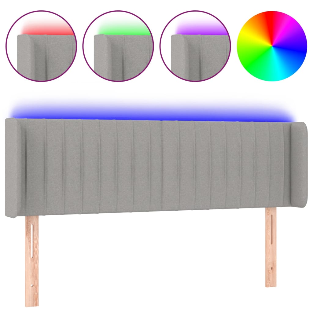 sengegavl med LED-lys 147x16x78/88 cm stof lysegrå