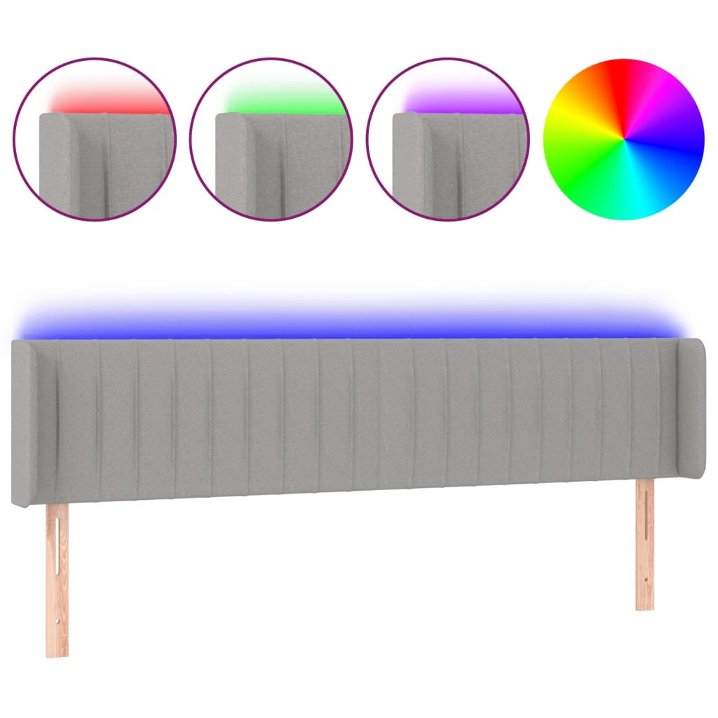 sengegavl med LED-lys 203x16x78/88 cm stof lysegrå