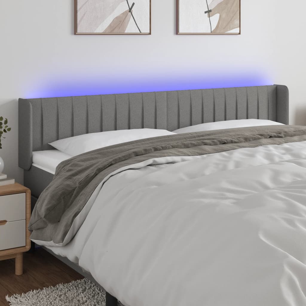 sengegavl med LED-lys 203x16x78/88 cm stof mørkegrå