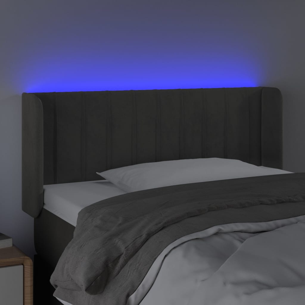 sengegavl med LED-lys 83x16x78/88 cm fløjl mørkegrå