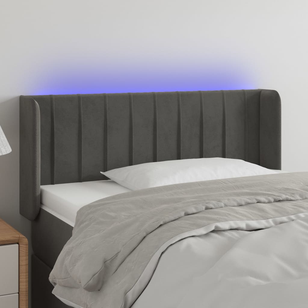 sengegavl med LED-lys 83x16x78/88 cm fløjl mørkegrå