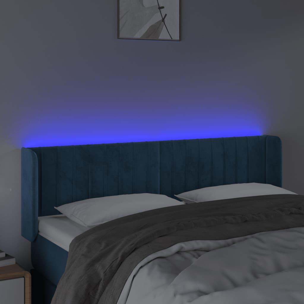 sengegavl med LED-lys 147x16x78/88 cm fløjl mørkeblå