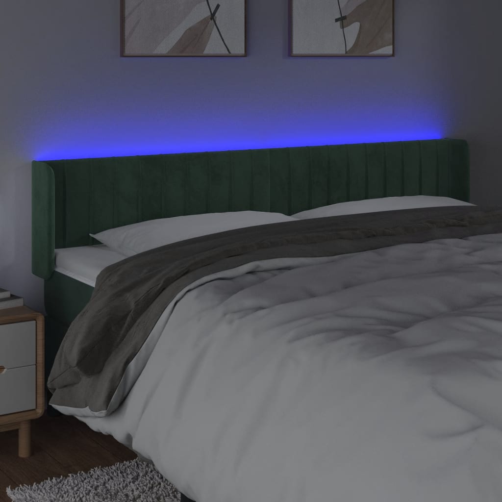 sengegavl med LED-lys 183x16x78/88 cm fløjl mørkegrøn