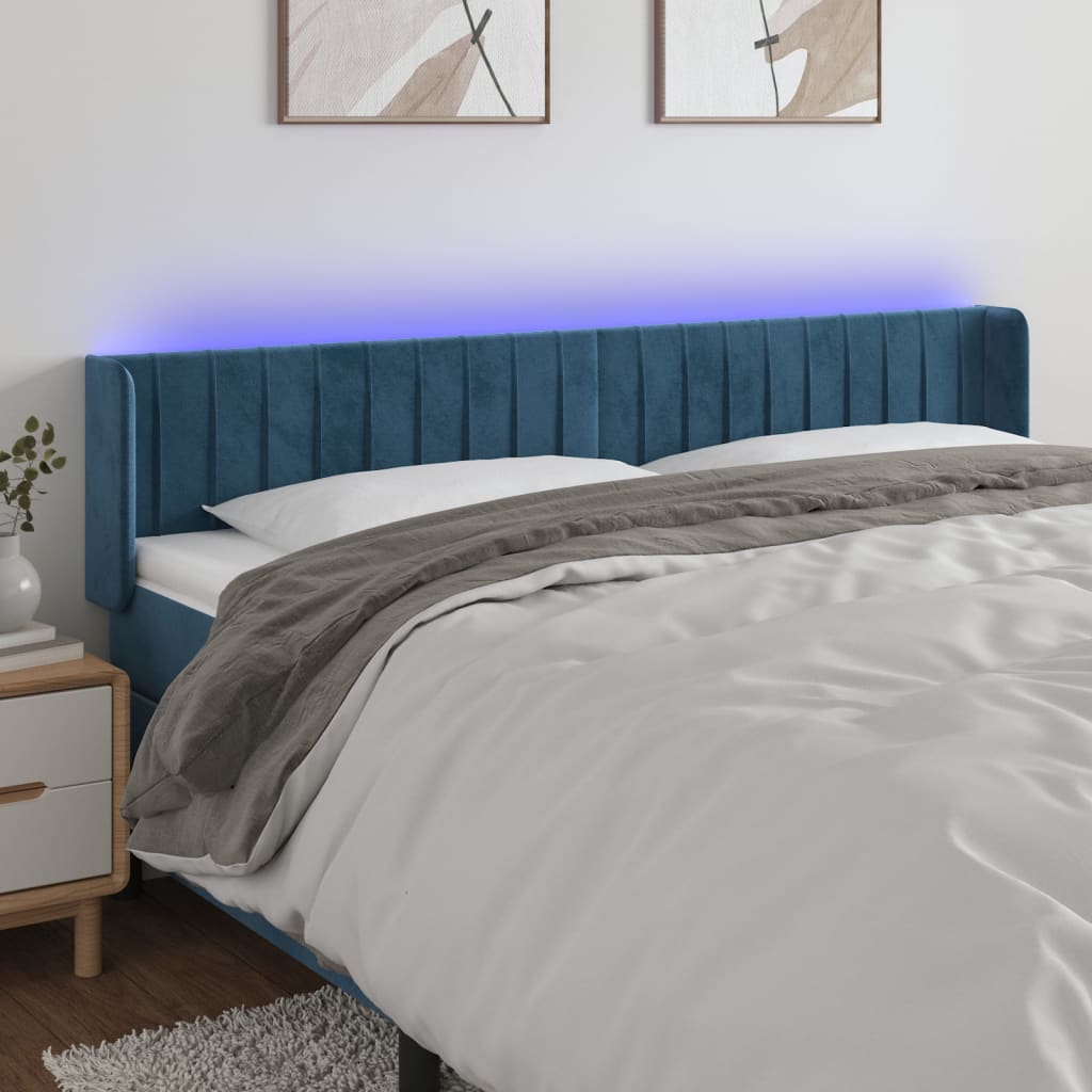 sengegavl med LED-lys 183x16x78/88 cm fløjl mørkeblå