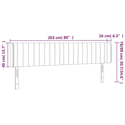 sengegavl med LED-lys 203x16x78/88 cm fløjl mørkegrå