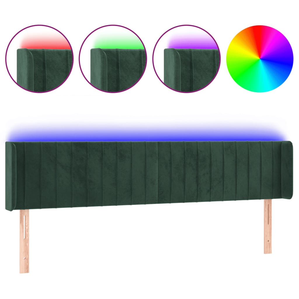 sengegavl med LED-lys 203x16x78/88 cm fløjl mørkegrøn