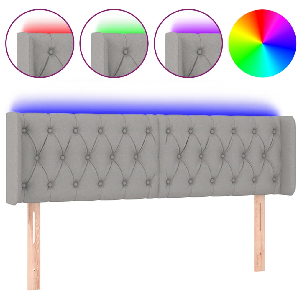 sengegavl med LED-lys 147x16x78/88 cm stof lysegrå