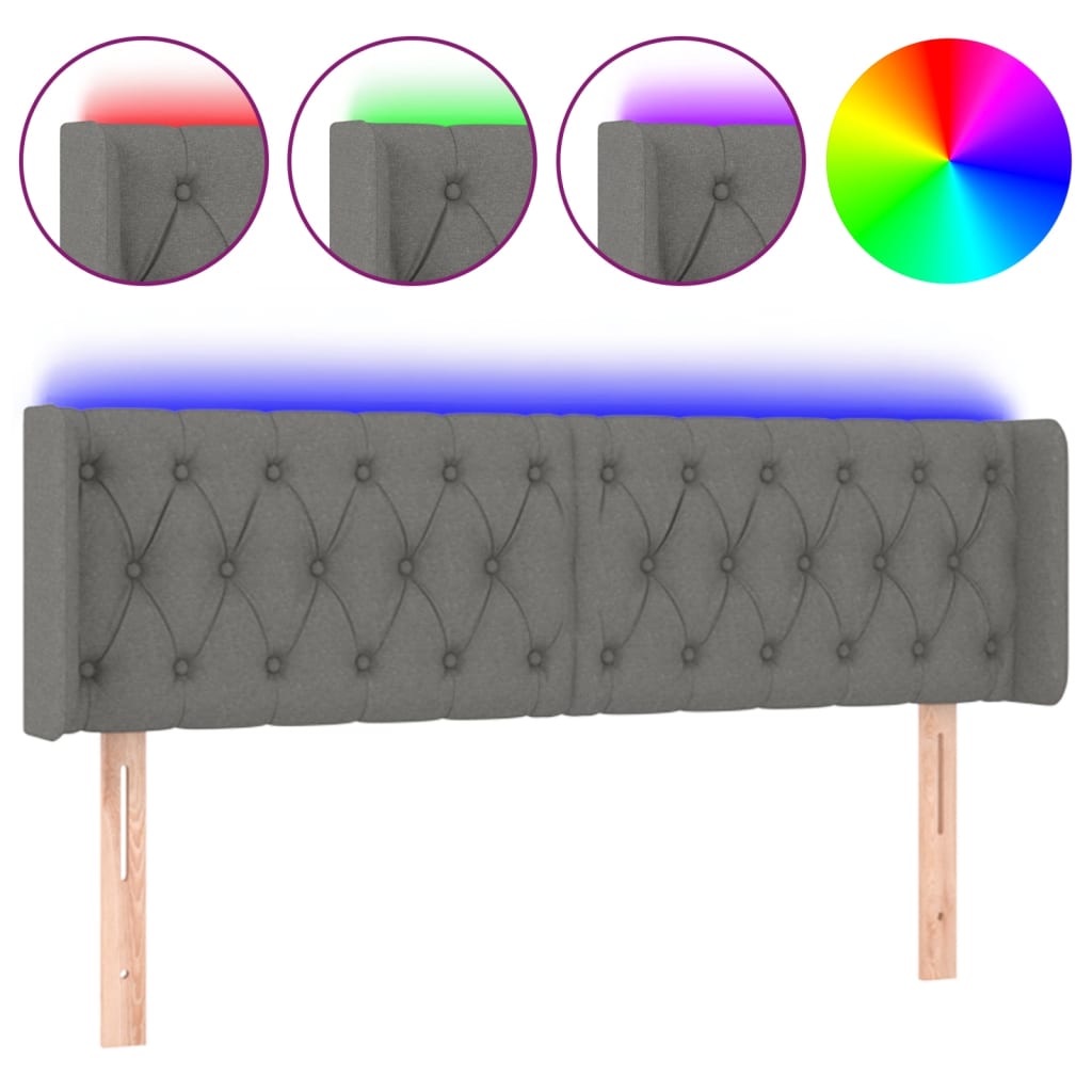 sengegavl med LED-lys 147x16x78/88 cm stof mørkegrå