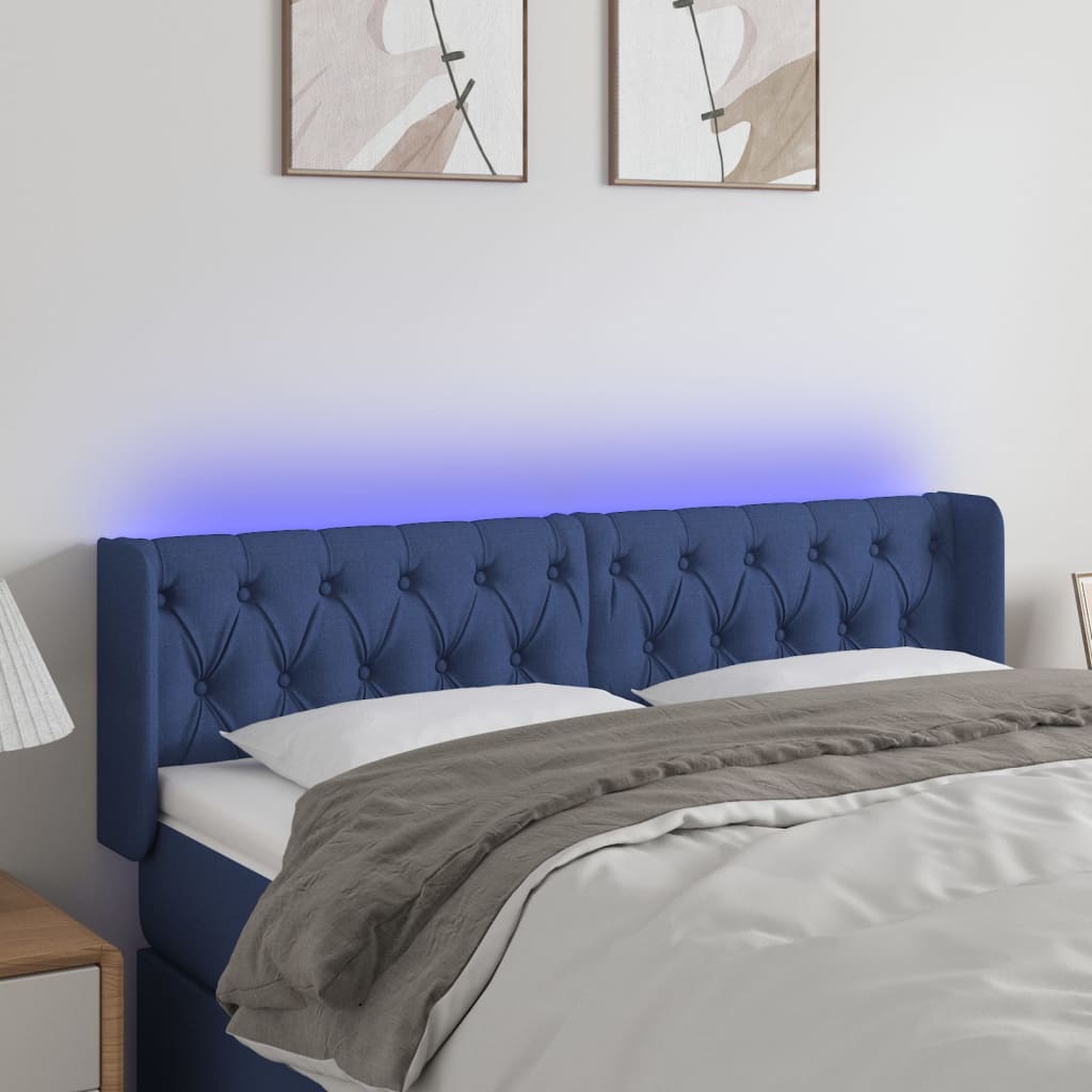 sengegavl med LED-lys 147x16x78/88 cm stof blå