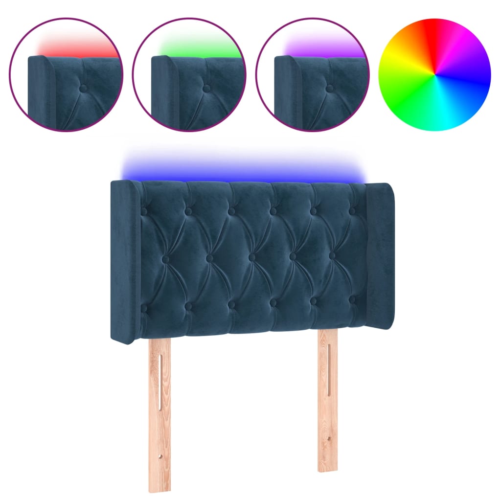 sengegavl med LED-lys 83x16x78/88 cm stof Mørkeblå