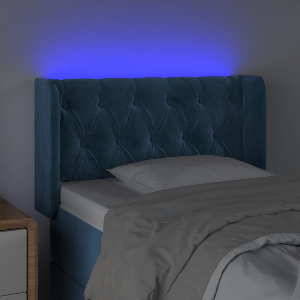 sengegavl med LED-lys 83x16x78/88 cm stof Mørkeblå