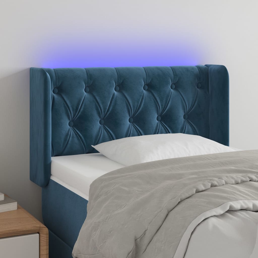sengegavl med LED-lys 83x16x78/88 cm stof Mørkeblå
