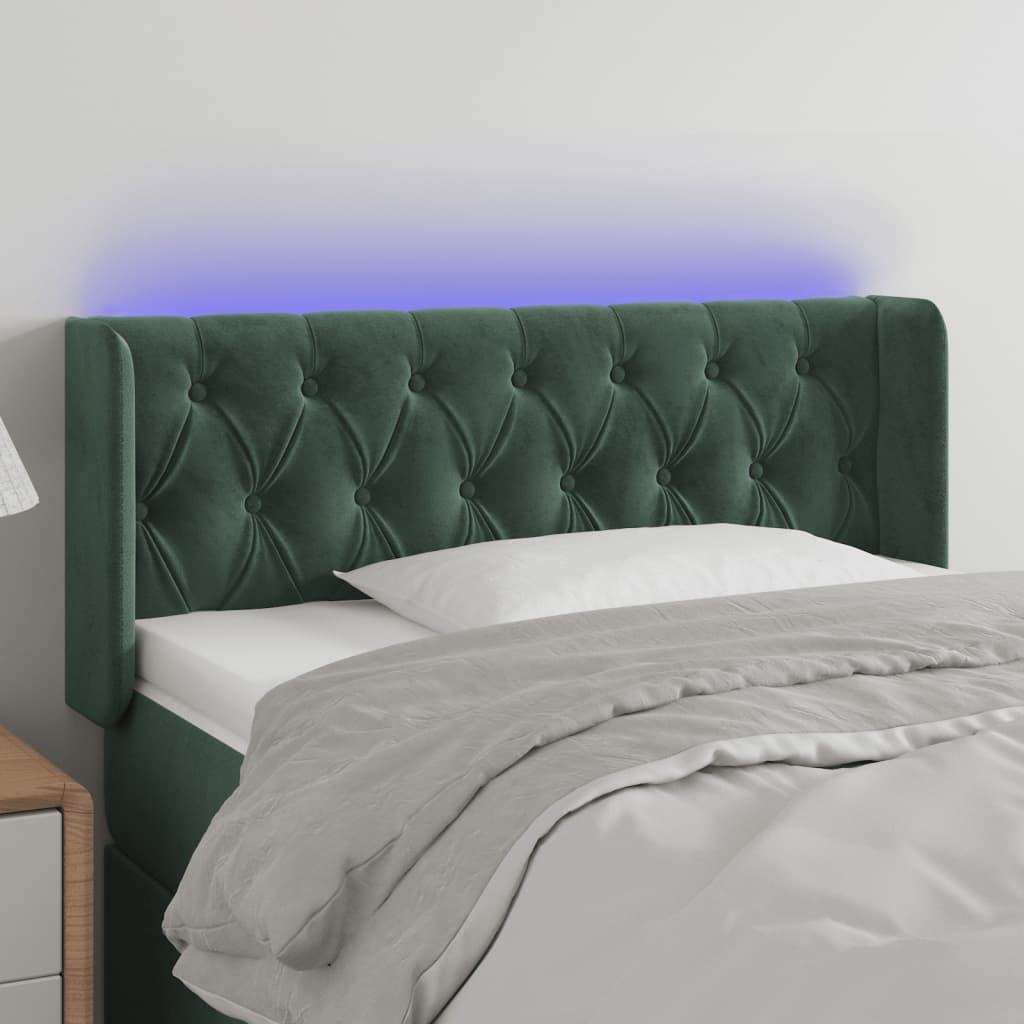 sengegavl med LED-lys 103x16x78/88 cm fløjl mørkegrøn