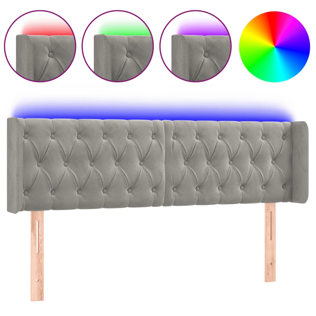 sengegavl med LED-lys 147x16x78/88 cm fløjl lysegrå