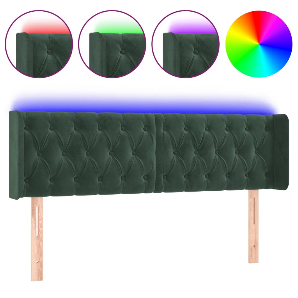 sengegavl med LED-lys 147x16x78/88 cm fløjl mørkegrøn