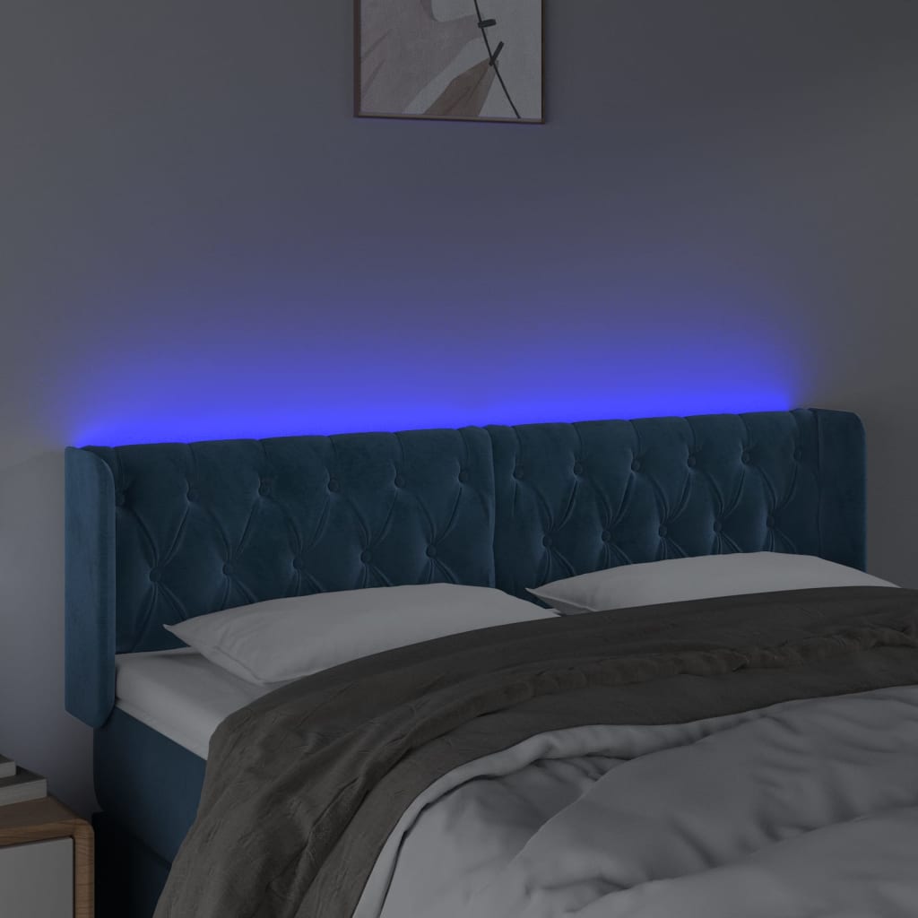 sengegavl med LED-lys 147x16x78/88 cm fløjl mørkeblå