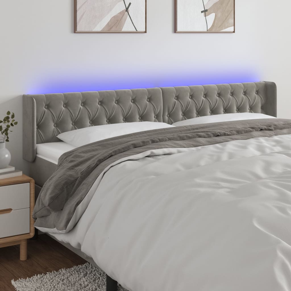 sengegavl med LED-lys 183x16x78/88 cm fløjl lysegrå