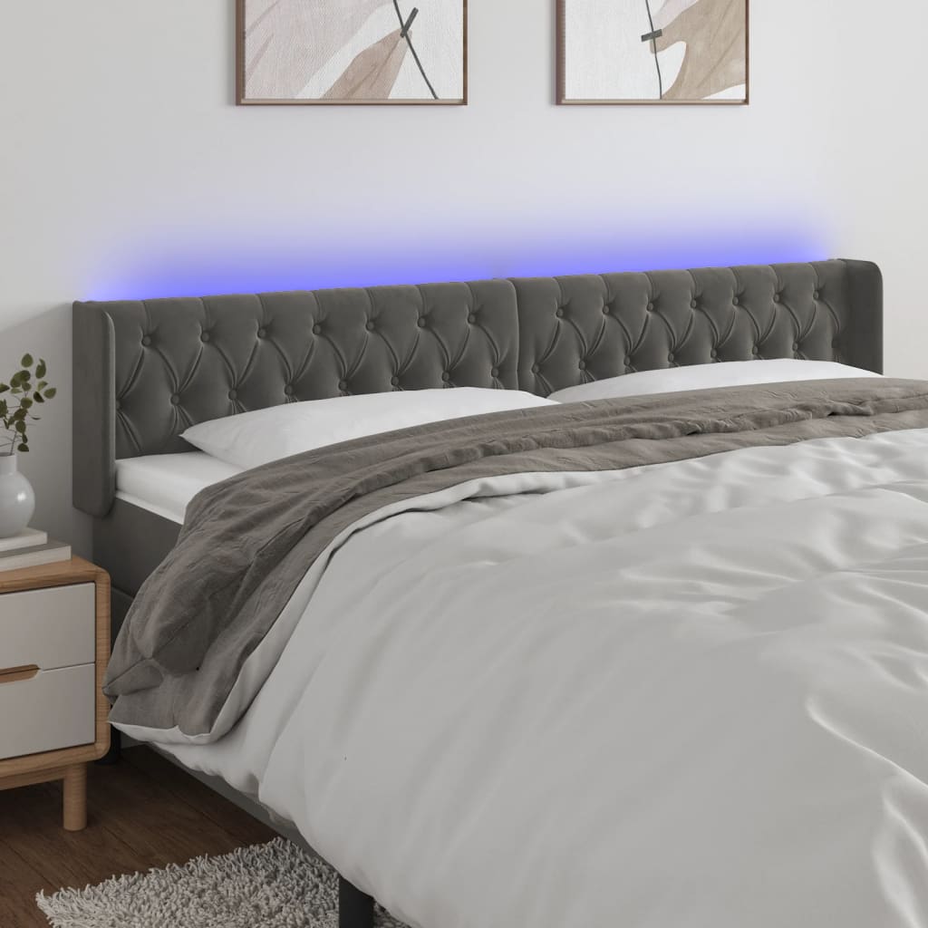 sengegavl med LED-lys 183x16x78/88 cm fløjl mørkegrå
