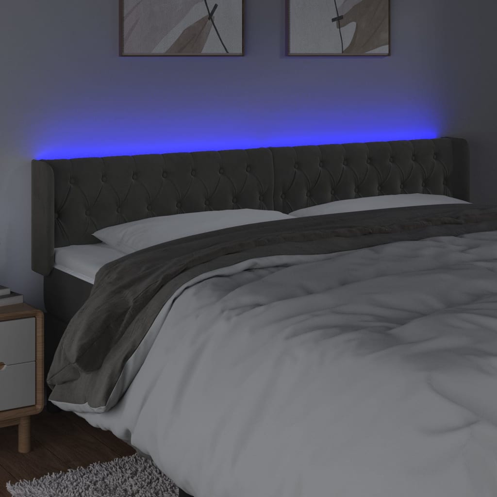 sengegavl med LED-lys 203x16x78/88 cm fløjl mørkegrå