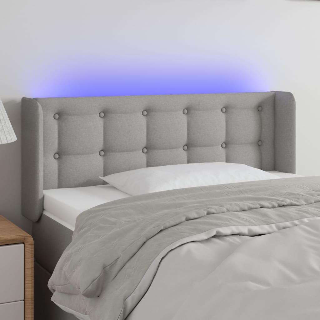 sengegavl med LED-lys 93x16x78/88 cm stof lysegrå