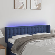 sengegavl med LED-lys 147x16x78/88 cm stof blå