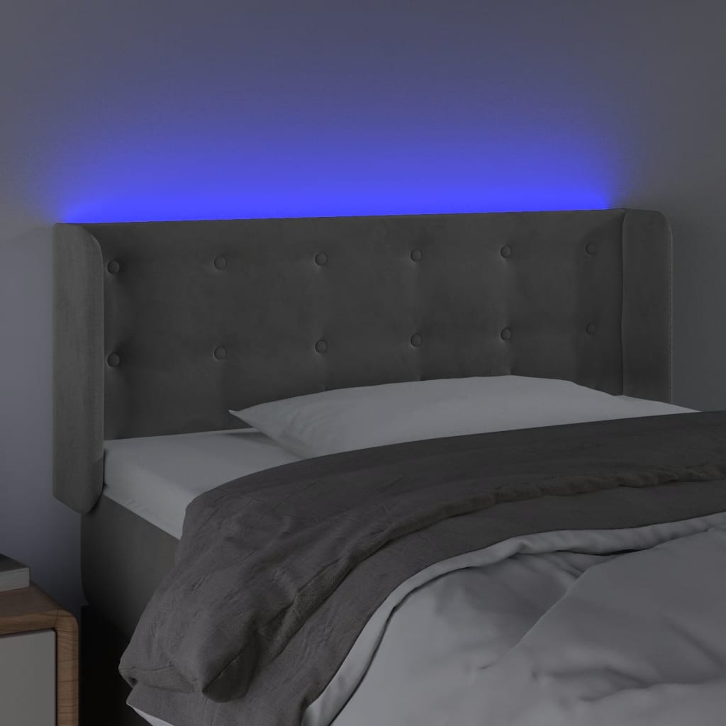 sengegavl med LED-lys 83x16x78/88 cm fløjl lysegrå