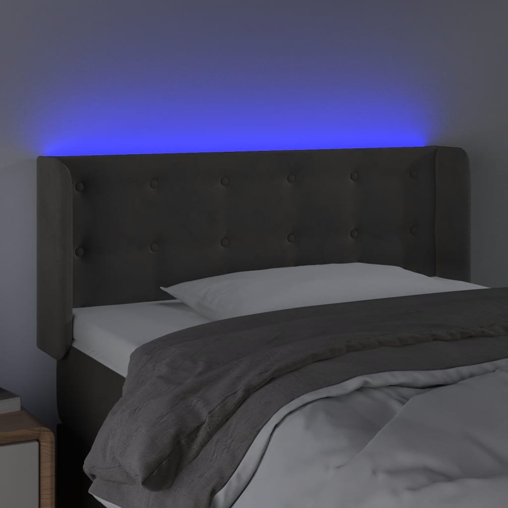 sengegavl med LED-lys 103x16x78/88 cm fløjl mørkegrå