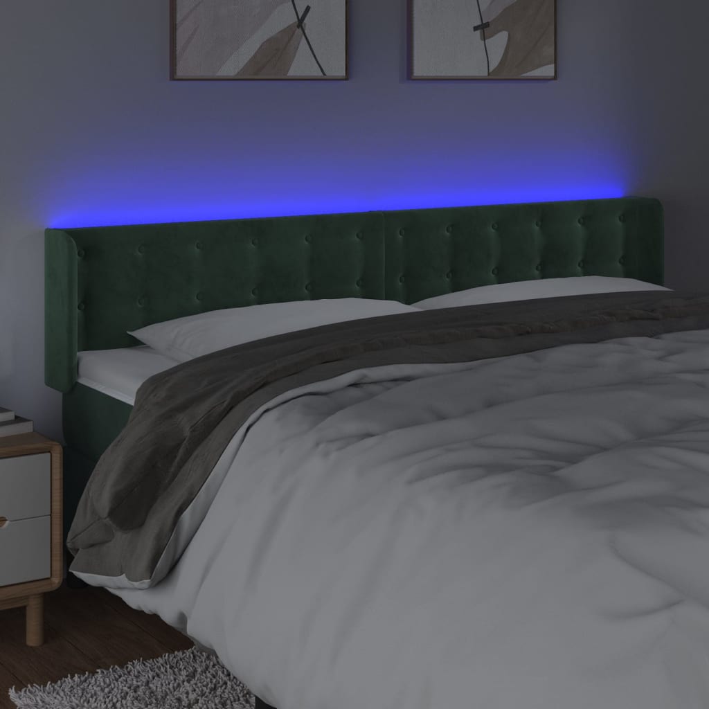 sengegavl med LED-lys 183x16x78/88 cm fløjl mørkegrøn