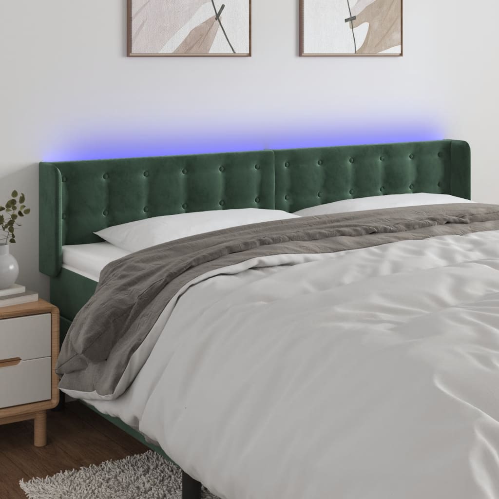 sengegavl med LED-lys 183x16x78/88 cm fløjl mørkegrøn