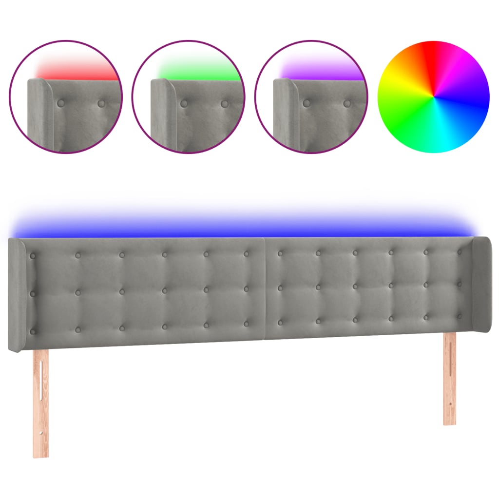 sengegavl med LED-lys 203x16x78/88 cm fløjl lysegrå