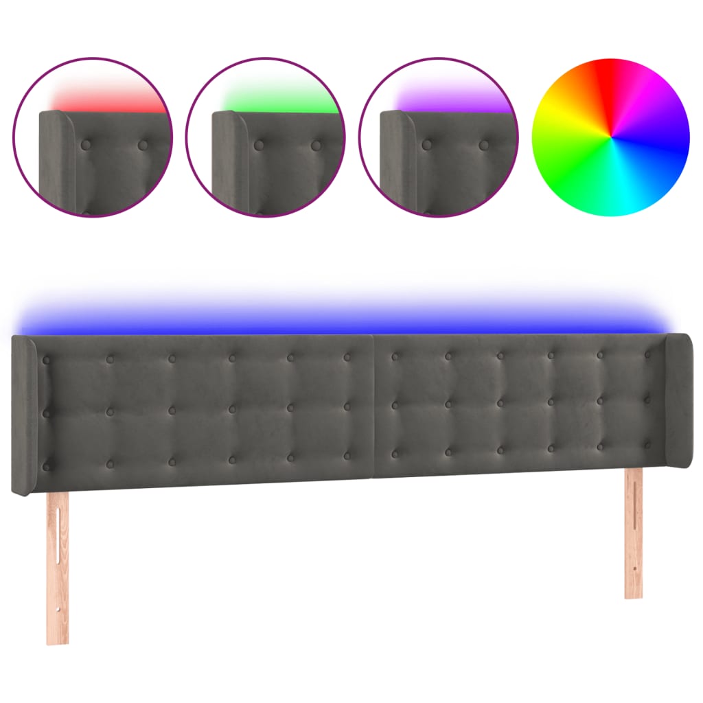 sengegavl med LED-lys 203x16x78/88 cm fløjl mørkegrå