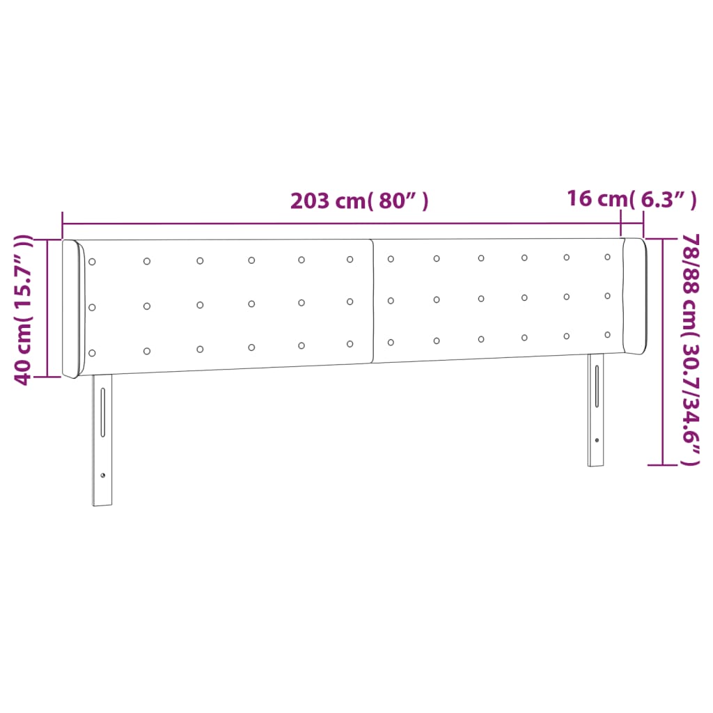 sengegavl med LED-lys 203x16x78/88 cm fløjl mørkegrå