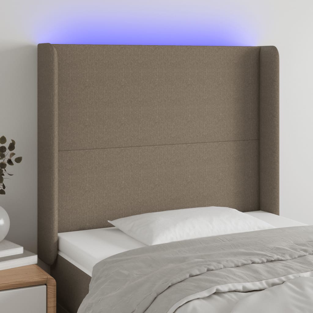 sengegavl med LED-lys 103x16x118/128 cm stof gråbrun