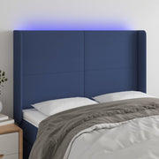 sengegavl med LED-lys 147x16x118/128 cm stof blå