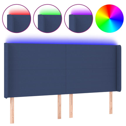 sengegavl med LED-lys 163x16x118/128 cm stof blå