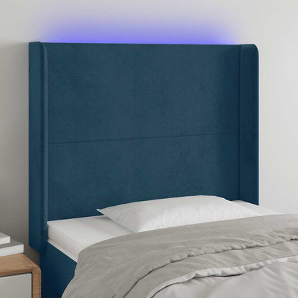 sengegavl med LED-lys 83x16x118/128 cm fløjl mørkeblå