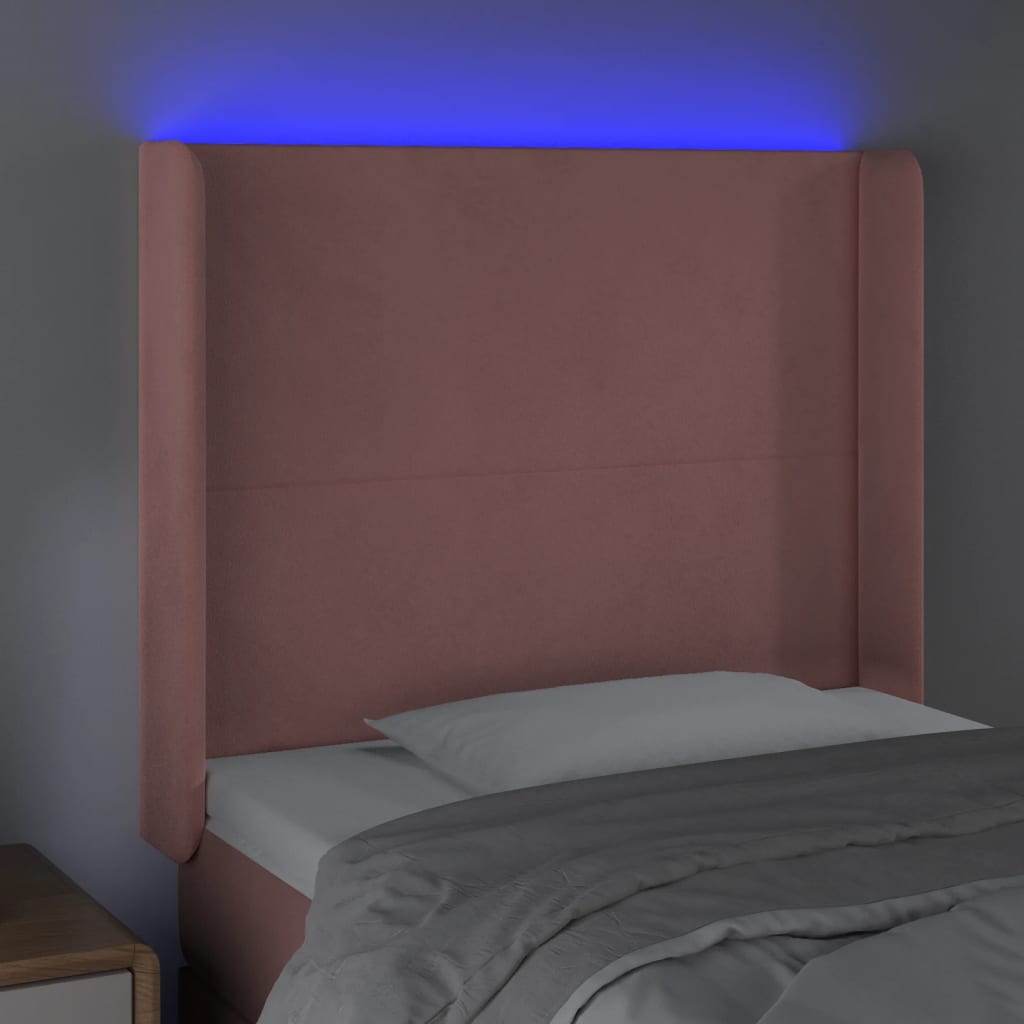 sengegavl med LED-lys 93x16x118/128 cm fløjl lyserød