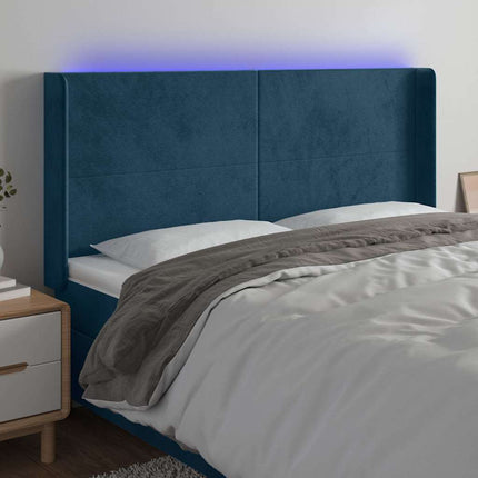 sengegavl med LED-lys 163x16x118/128 cm fløjl mørkeblå