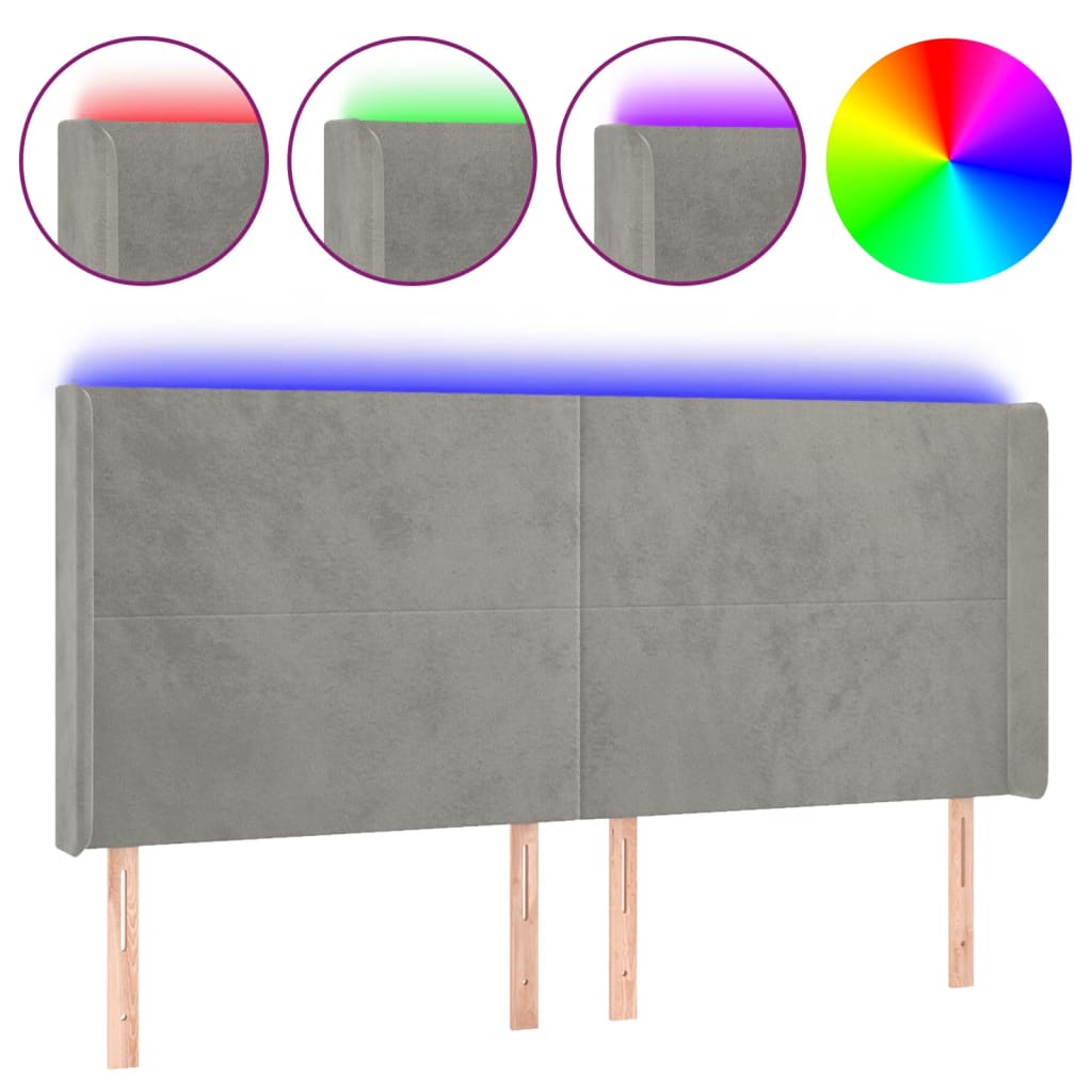 sengegavl med LED-lys 183x16x118/128 cm fløjl lysegrå