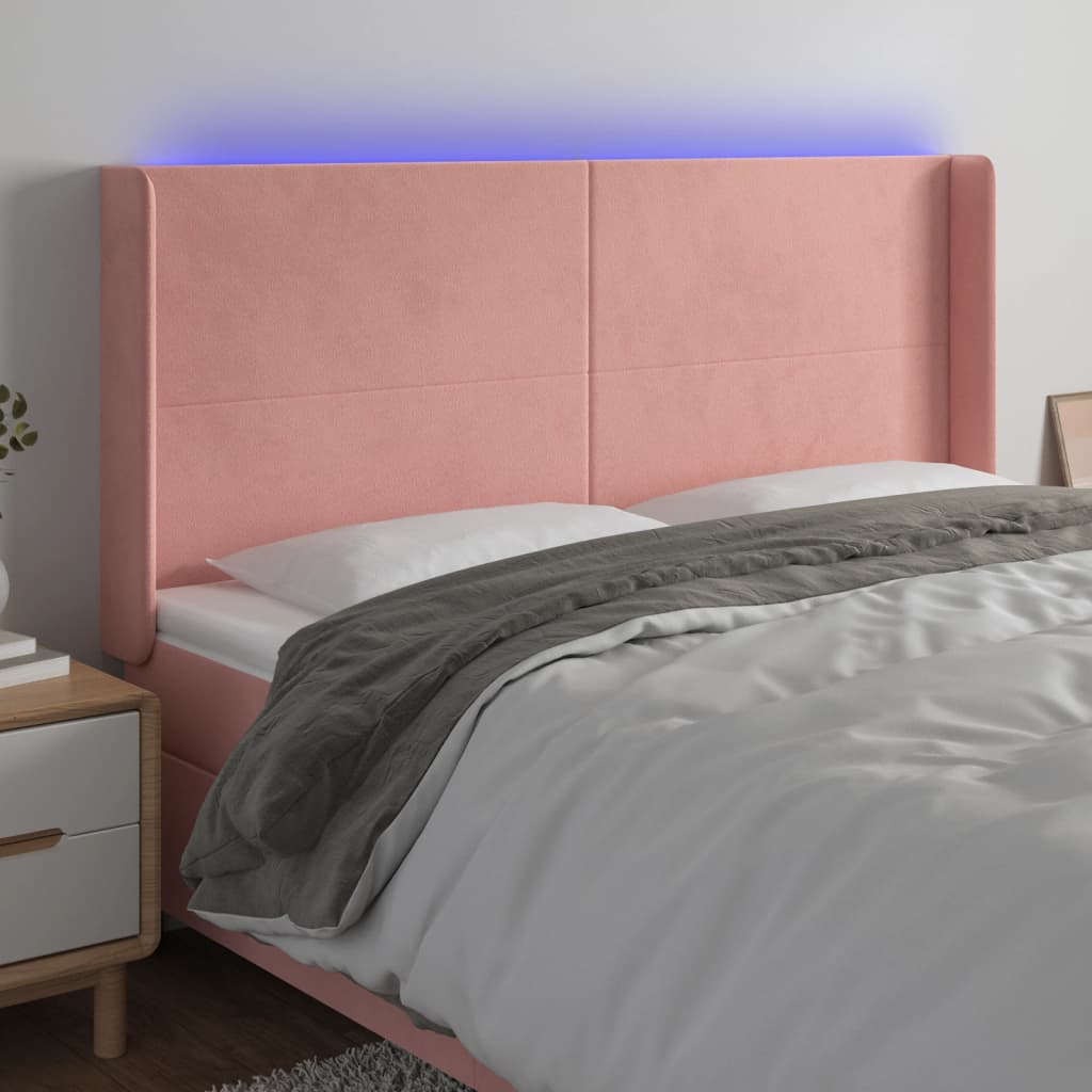 sengegavl med LED-lys 183x16x118/128 cm fløjl lyserød