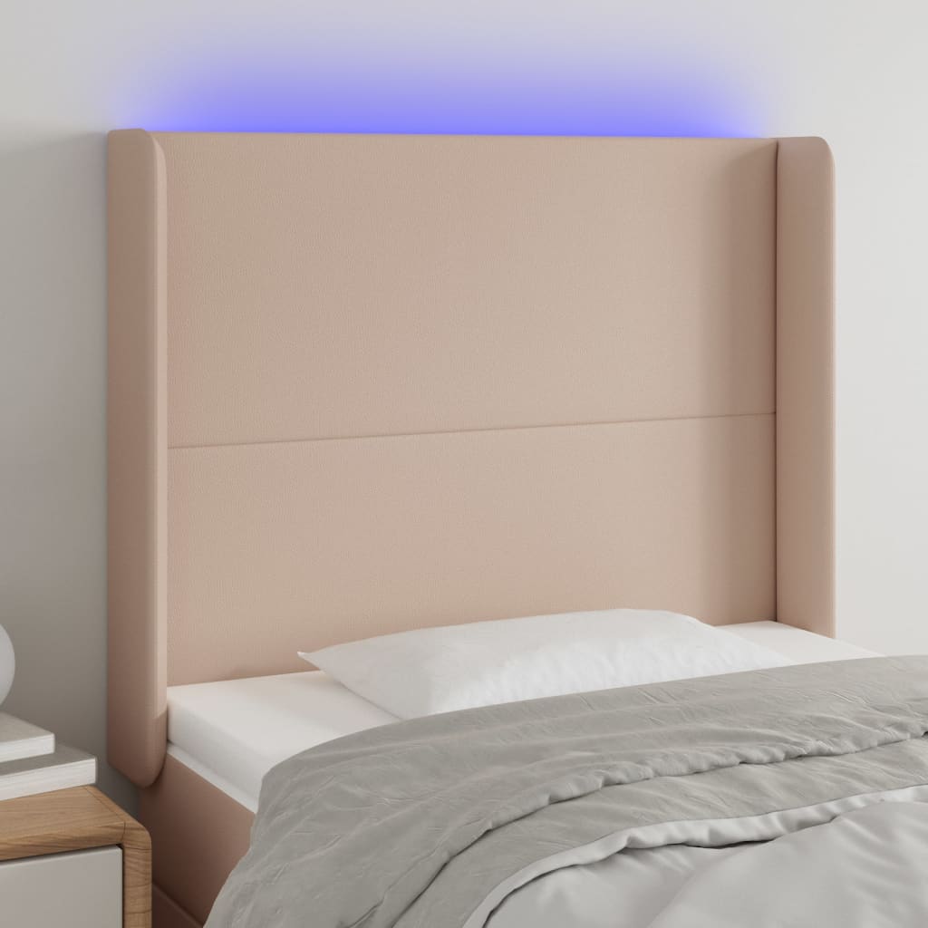 sengegavl med LED-lys 93x16x118/128 cm kunstlæder cappuccino