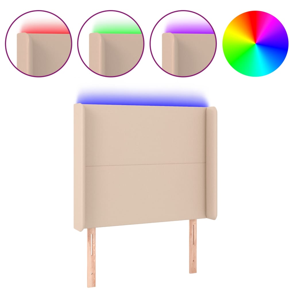 sengegavl med LED-lys 103x16x118/128 cm kunstlæder cappuccino