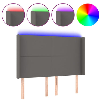 sengegavl med LED-lys 147x16x118/128 cm kunstlæder grå