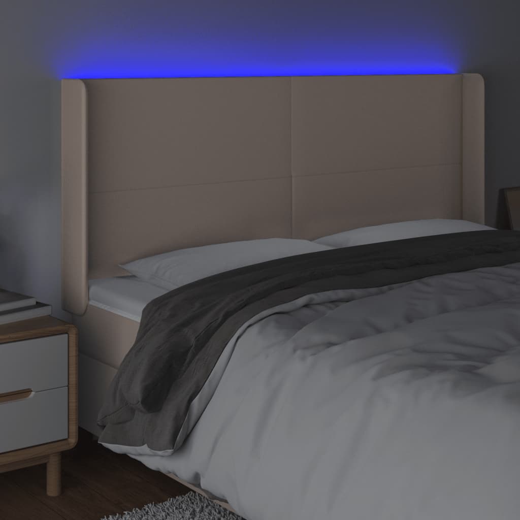 sengegavl med LED-lys 183x16x118/128 cm kunstlæder cappuccino