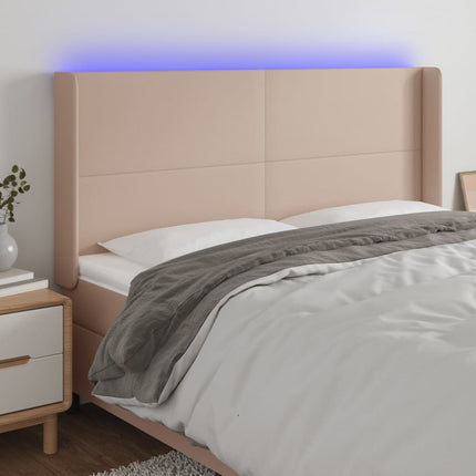 sengegavl med LED-lys 183x16x118/128 cm kunstlæder cappuccino