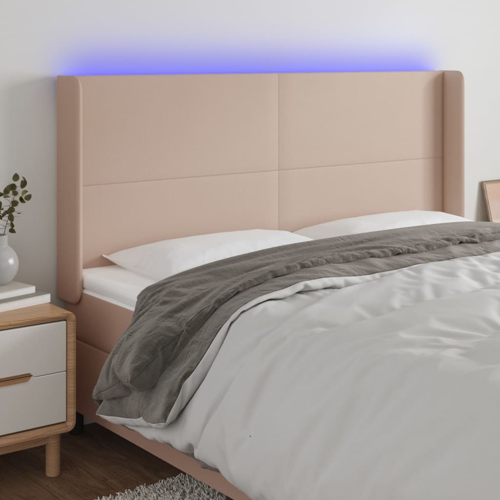 sengegavl med LED-lys 183x16x118/128 cm kunstlæder cappuccino