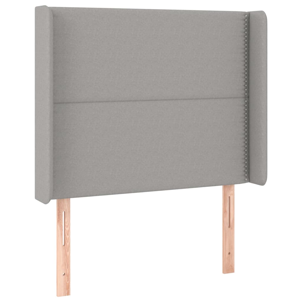 sengegavl med LED-lys 93x16x118/128 cm stof lysegrå