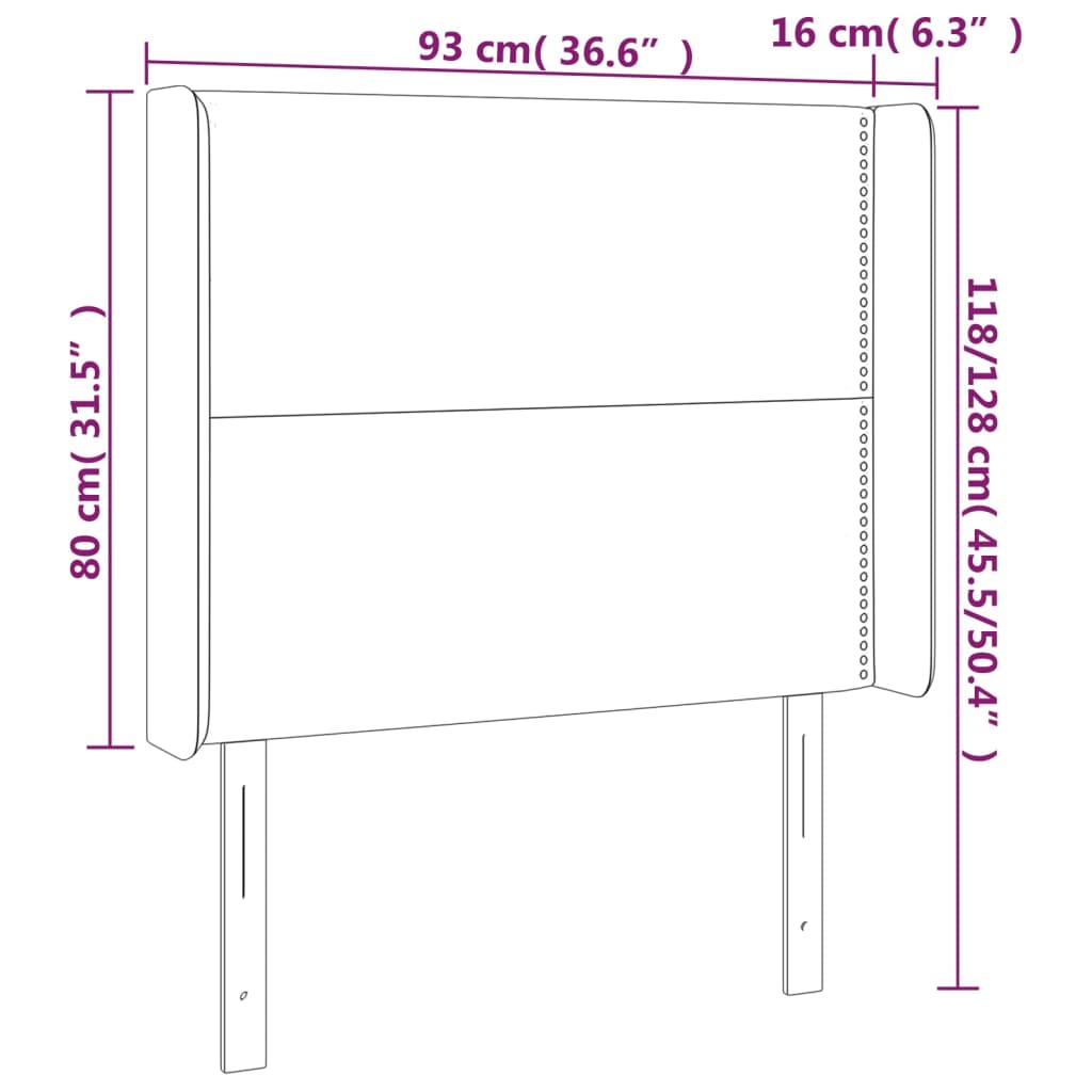 sengegavl med LED-lys 93x16x118/128 cm stof lysegrå
