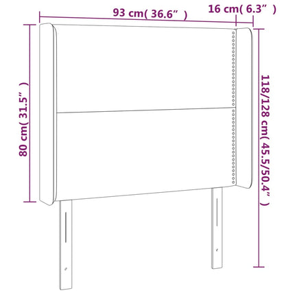 sengegavl med LED-lys 93x16x118/128 cm stof lysegrå