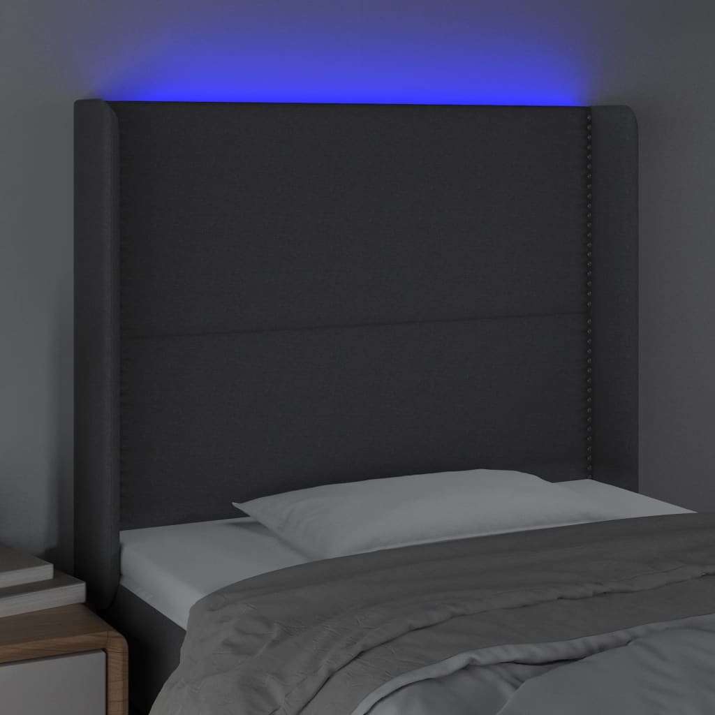 sengegavl med LED-lys 93x16x118/128 cm stof mørkegrå